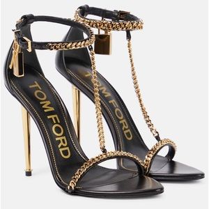 Tom Ford Black Mirror Padlock T-Strap Gold Chain Leather Sandals. Size 40/US 10.